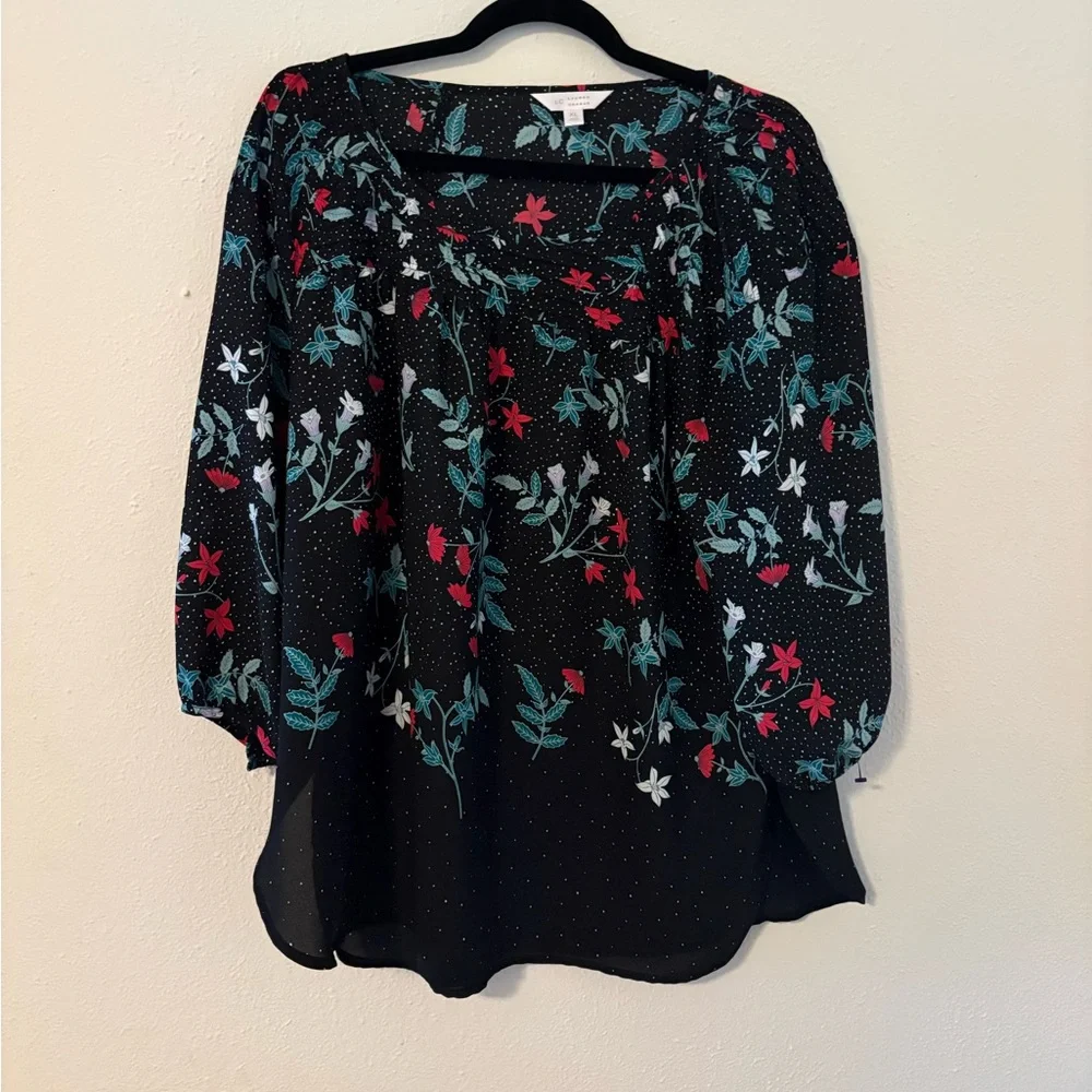 LC Lauren Conrad Black Floral Blouse with Red & Teal Accents - Picture 1 of 2